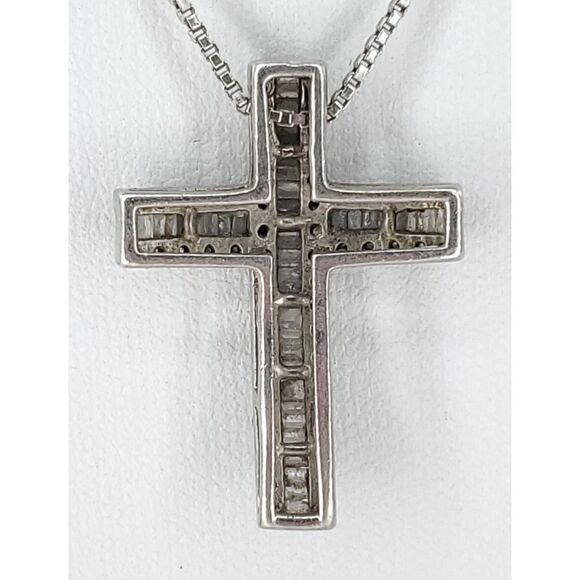 VTG Baguette & Round Diamond Cross 1" Pendant Box Chain Necklace Signed SJ 925 - Picture 3 of 7